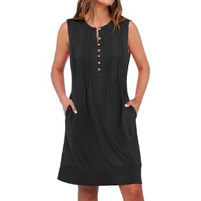 ANRABESS Sundresses for Women Summer Casual Loose Sleeveless Crewneck Tank Button Beach Vacation Mini Dresses with Pockets