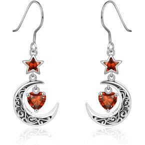 Shysnow Moon Birthstone Earrings for Women 925 Sterling Silver Half Moon Star Dangle Drop Earrings with Heart Crystal Birthday Jewelry for Women