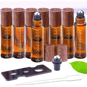 8 Pack Essential Oil Roller Bottles with Scale, 1/3 oz Amber Glass Roller Balls for Essential Oils, 10ml Empty Rollerball Bottles for Travel Refillable Roll on Perfume (Amber)