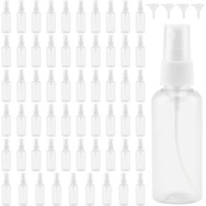 MANCHAP 60 Pack 2oz Plastic Travel Spray Bottles with Caps, Clear Mini Fine Mist Spray Bottles with 4 Funnels, Travel Size Spray Bottles Refillable Containers for Essence, Hair Spray, Toner
