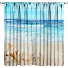 Beach Curtains Seashell Starfish Rod Pocket Blackout Window Drapes for Bedroom Living Room Kitchen Cafe Decor （W21xL45 Inch） x2 Panels