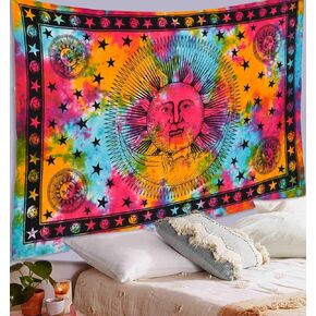 ANJANIYA Tie Dye Mandala Tapestry, Celestial Sun Moon Star Planet Bohemian Tapestry Tarot, Wall Hanging Boho Tapestry for Room, Hippie Beach Coverlet Curtain (Multi, 30"X40")