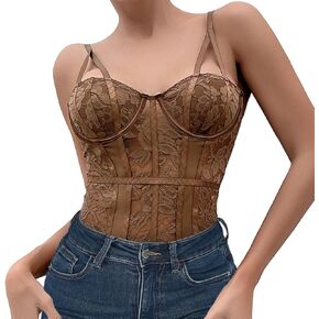Women's Sexy Floral Embroidery Corset Top Bodysuit Spaghetti Strap Bustier Top Mesh Corset Cami Rave Top