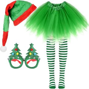 4Pcs Christmas Tree Costume Set Christmas Elf Hat and Tutu Skirt Striped Tights Glitter Frame Glasses for Women Xmas Party Accessries