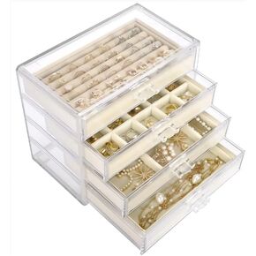Acrylic Jewelry Organizer. Multilevel with Fabric lined Drawer Inserts.