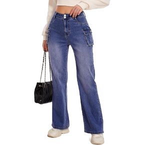 FITTOO Cargo Jeans for Women High Waisted Wide Leg Denim Pants with Side Pocket Y2K Casual Pants Trousers