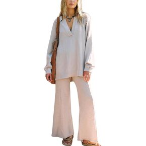 Womens Oversized 2 Piece Outfits Casual Loose Sweater Set V Neck Pullover Wide Leg Pants Knit Loungewear(Grey-L)