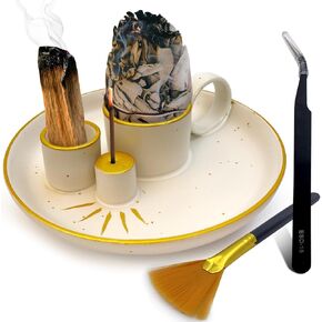 5 in 1 Incense Holder, Palo Santo Holder, Sage Holder for Burning, Incense Burner Holder for Sticks, Candle Holder, 7 inches Ceramic Ash Catcher Tray for Meditation Yoga Room