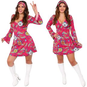 Ladies Hippy Costume 60s/70s Pink Dress + Headband