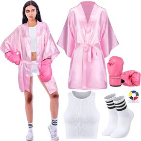 5 Pcs Halloween Boxer Costume Set for Adult Women Pink Boxers Costumes with Boxing Gloves Bandeau Top Satin Boxing Robe Socks and Face Paint for Halloween Cosplay