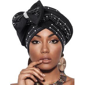 Urieo Rhinestones Turban Cap Black Bow Tie Headwraps Crystal Vintage Turbans for Women in Kuwait