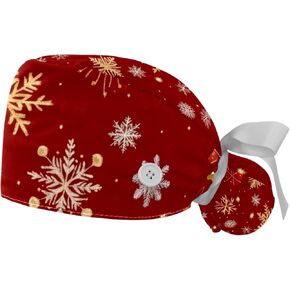 2Pcs Christmas Snowflake Scrub Caps Button Sweatband Adjustable Working Cap Surgical Cap Nurse Hats Women Multicoloured