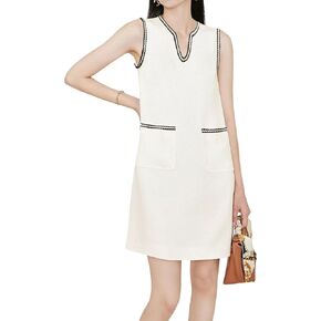 Qiaomai Womens Tweed Dress V Neck Sleeveless A-Line Skirt Vintage Business Party Mini Jackie Dress