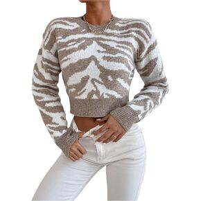 SHENHE Women's Zebra Print Crew Neck Crop Sweater Long Sleeve Vintage Knit Pullover Top