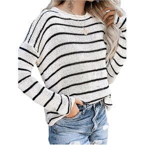 SweatyRocks Women's Crewneck Striped Pullover Sweater Long Sleeve Drop Shoulder Loose Knit Tops