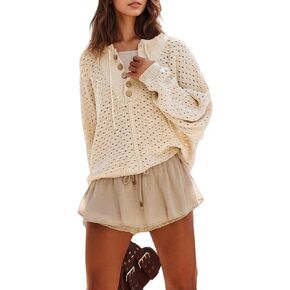 Women's Oversized Crochet Sweater Pullover Drawstring Long Sleeve Button Hollow Out Knit Crochet Top Blouses