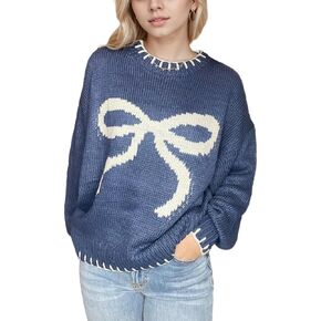 Sumleno Women's Y2K Bow Knit Sweater Cute Aesthetic Clothes Crewneck Long Sleeve Knitted Pullover Top Baggy Knitwear
