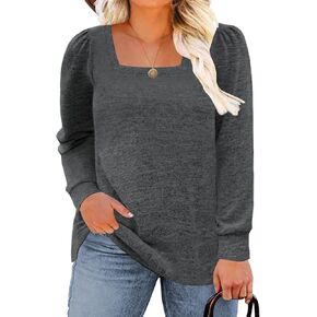 ROSRISS Plus-Size-Tops for Women Long Sleeve Casual Tunics Square Neck Shirts XL-5XL