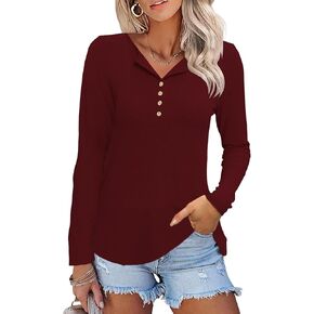Women's Henley Tops Long Sleeve Shirts Ribbed Button Up Tunic T-Shirts Casual V Neck Loose Blouses