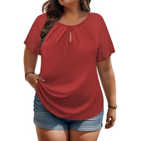 ROSRISS Plus-Size-Womens-Summer-Tops Lace Raglan Short Sleeve T Shirts Pleated Keyhole Crew Neck Blouses Trendy Tunics Tee
