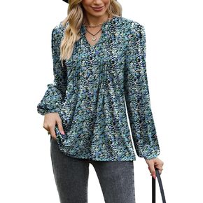 Womens Long Sleeve Tops Pleated Puff Sleeve Shirt V Neck Business Casual Fall Fashion 2024 Blouses