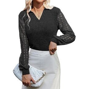 V Neck Long Sleeve Shirts for Women Polo Shirts Fall Textured Tunic Tops 2024 Lace Clothes Y2K Blouses