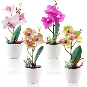 4Pcs Artificial Flowers Orchid Fake Phalaenopsis Small Potted Plant Ceramic Vase for Table Centerpiece Home Office Bathroom Wedding Decor