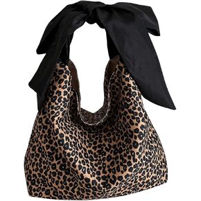 QWINEE Women's Y2K Leopard Print Tote Handbag Casual Cheetah Print Canvas Shoulder Bag Bow Underarm Bag