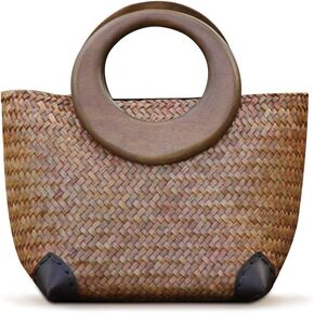 Hand-woven Womens Straw Boho Handbag Bag for Women, Summer Beach Rattan Tote Travel Bag with Wood Round Top Handle (Khaki 2)