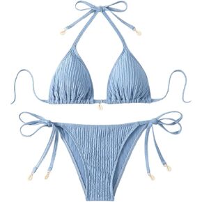 SHENHE Women's 2 Piece Triangle Bikini Set Textured Tie Side Halter Swimwear Low Rise Bathing Suit