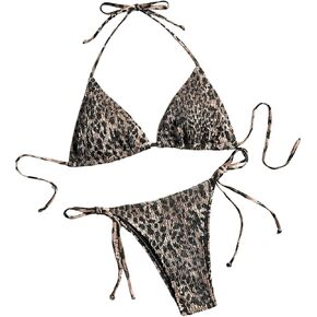 WDIRARA Women's Leopard Print Halter Bikini Set Tie Side Triangle Swimsuit Two Piece Smocked Bathing Suit