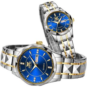 OUPINKE His and Her Couple Watches Fashion Dresse Diamond Romantic Set Pair Matching Gold Face Gold Stainless Steel Strap Luminous Waterproof Couple Wrist Watch