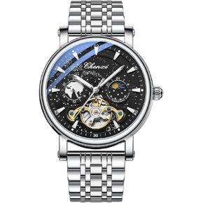 Luxury Mens Automatic Watch Luminous Starry Sky Dial Tourbillon Silver Stainless Steel Case Leather Strap 12/24 Hours Waterproof Moon Phase Watches