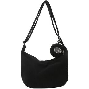 Corduroy Crossbody Tote Bag for Women Men, Trendy Crescent Bag with Small Round Pocket Pendant,Sling Shoulder Hobo Bag (Black)