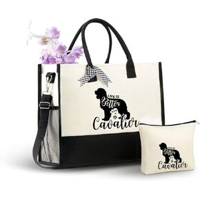 InnoBeta Cavalier Dog Gifts for Women Canvas Tote Bag, Cavalier Dog Gifts Tote with Top Zipper Closure and Shoulder Strap for Birthday, Mother's Day, Christmas