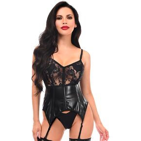 Daisy corsets Womens Lavish Black Wet Look & Lace Bustier Corset W/Garters