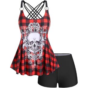 Rosegal Womens Plus Size Gothic Skull Plaid Padded Boyleg Strappy Modest Tankini Swimsuit Set