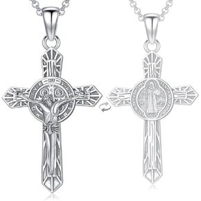 YAFEINI St Benedict Crucifix Necklace Sterling Silver Crucifix Pendant Saint Benedict Medal Necklace Catholic Jewelry Gifts for Men