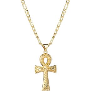 kelistom 14K Gold Silver Tone Stainless Steel Ankh Cross Pendant Necklace for Women Men 3mm Flat Figaro Chain Egyptian Cross Necklace 18/22 inches