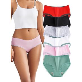 Buankoxy Cotton Panties for Women Mid Rise Bikini Panties Lace Soft Hipster Panty 6 Pack