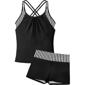 Girls Swimsuit Solid Color Stripes Cross Straps Bathing Suit for Teen Girls Tankini + Shorts Girls’ Swimwear 2Pcs Set