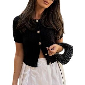 Yimoon Womens Short Sleeve Cable Knit Cardigan Crewneck Button Down Cardigan Sweater Slim fit Going Out Tops