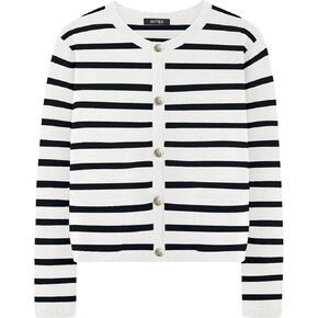 Women's Casual Striped Cardigan Sweaters Long Sleeve Dressy Crew Neck Lady Jacket with Patch Pockets