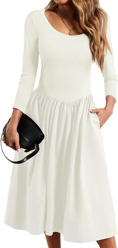 فستان Wenrine نسائي برقبة واسعة وميدي مرقع 3/4 كم مطوي على شكل حرف A فستان طويل كاجوال للخريف مع جيوب in Kuwait