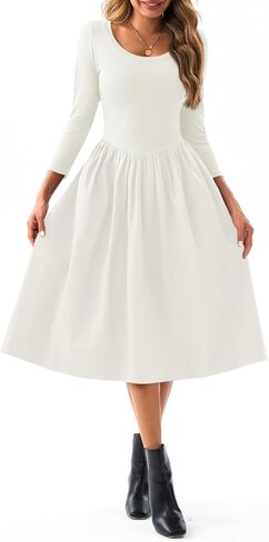 فستان Wenrine نسائي برقبة واسعة وميدي مرقع 3/4 كم مطوي على شكل حرف A فستان طويل كاجوال للخريف مع جيوب in Kuwait