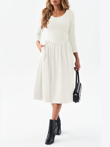 فستان Wenrine نسائي برقبة واسعة وميدي مرقع 3/4 كم مطوي على شكل حرف A فستان طويل كاجوال للخريف مع جيوب in Kuwait