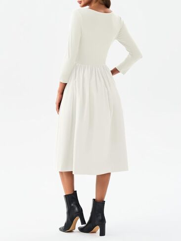 فستان Wenrine نسائي برقبة واسعة وميدي مرقع 3/4 كم مطوي على شكل حرف A فستان طويل كاجوال للخريف مع جيوب in Kuwait