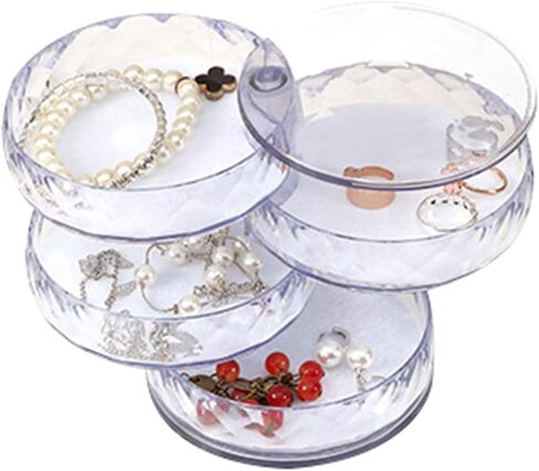 صندوق مجوهرات صغير منظم حامل أقراط شفاف للنساء صندوق تخزين مجوهرات قابل للدوران مع غطاء، منظم حقيبة مجوهرات للسفر من 4 طبقات للأساور والخواتم والأقراط in Kuwait