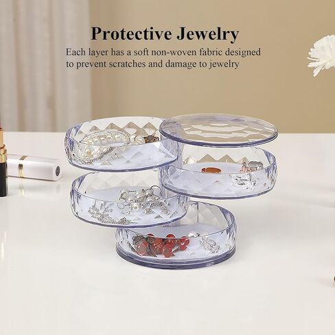 صندوق مجوهرات صغير منظم حامل أقراط شفاف للنساء صندوق تخزين مجوهرات قابل للدوران مع غطاء، منظم حقيبة مجوهرات للسفر من 4 طبقات للأساور والخواتم والأقراط in Kuwait