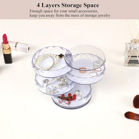 صندوق مجوهرات صغير منظم حامل أقراط شفاف للنساء صندوق تخزين مجوهرات قابل للدوران مع غطاء، منظم حقيبة مجوهرات للسفر من 4 طبقات للأساور والخواتم والأقراط in Kuwait
